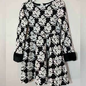Janie and Jack Black and White Floral Jacquard Dress with Faux Fur Trim …